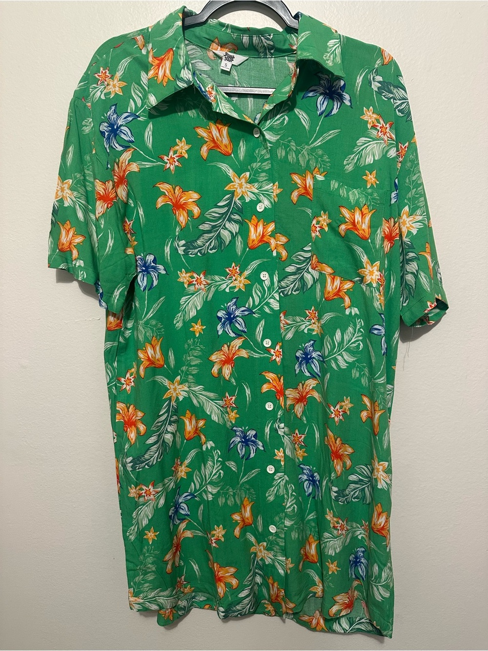 Womens Green Floral Short Sleeve Button Down Shirt Dress Size S Tropical